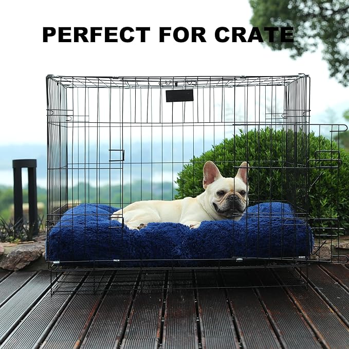 Bedfolks Plush Dog Crate Pad, Washable Dog Kennel Bed 29"x21", Solid Dark Blue