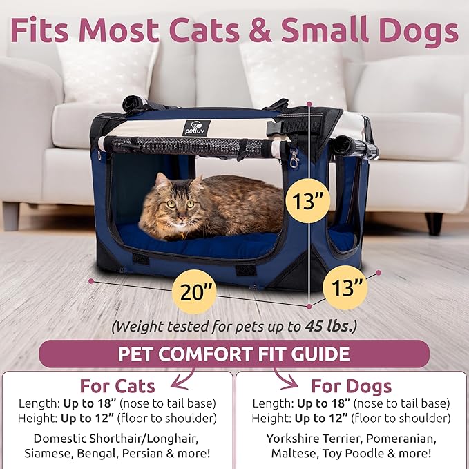 Cat & Dog Pet Carrier, Soft-Sided, Medium 20"x13"x13" Fits Most Cats or Small Dog, Comfortable for Travel & Vet Visits, Privacy Windows, Removable Plush Bed, Locking Zippers, Folds Flat