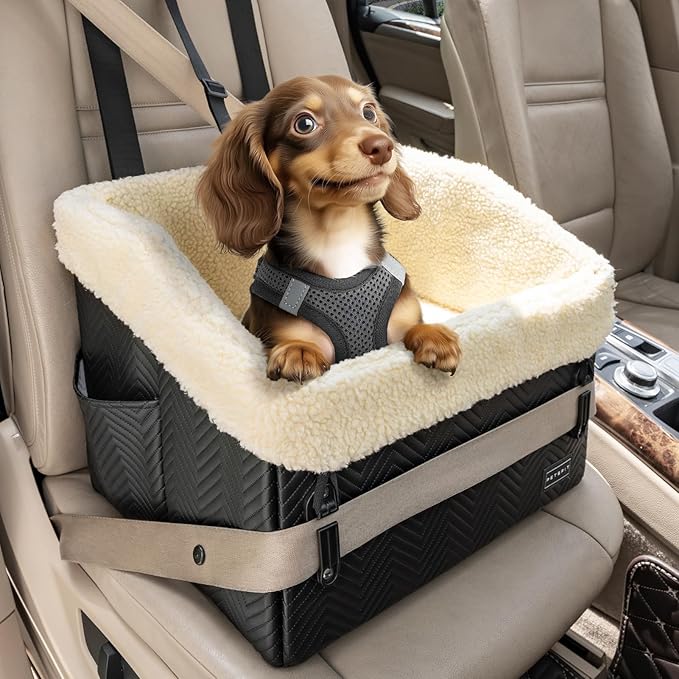 PETSFIT Small Dog Car Seat, Waterproof PU Leather Dog Booster Car Seat with Patented Safe Buckles, Detachable Washable Cushion, 2 Storage Pockets, Dog Car Seat Medium Sized Dog up to 30 lbs (Black)