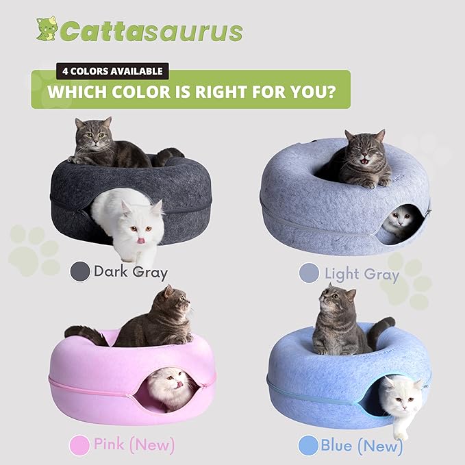 Cattasaurus Peekaboo Cat Cave Donut for Multiple & Large Cats up to 30-45 lbs, 3-in-1 Self Warming Cat Bed, Tunnel & Scratcher for Indoor Cats, Washable & Detachable Small Dog Bed (Blue, Large)