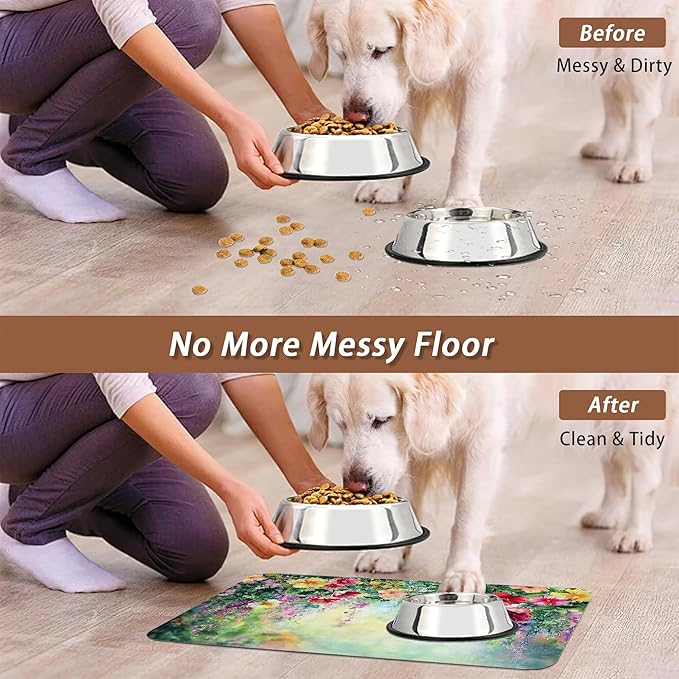 Abstract Spring Flowers Dog Food Mat for Floors,Blossom Ivy Colorful Absorbent Pet Food and Water Bowl Mats,Non-Slip Pet Feeding Mat,Pet Supplies 12" x 20"