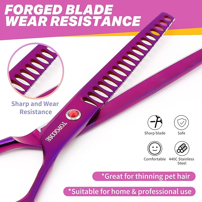TOPGOOSE 7.5" Dog Grooming Scissor - Professional Thinning Chunker Shear with 18 Teeth Japanese Stainless Steel Hair Scissors for Dogs, Cats and Other Pets (Chunker, Purple)