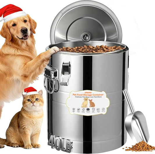40lb Stainless Steel Dog Food Storage Container, Large Capacity Metal Pet Food Storage Container with Scoop, Airtight Dog & Cat Food Treat Bin for Dry Food Keep Fresh for Multi-Pet Households