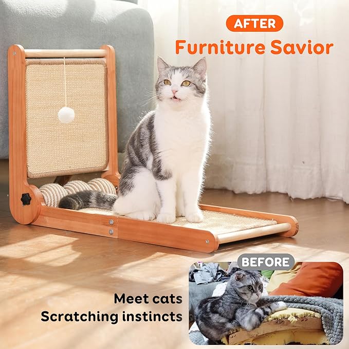 3 Transformable Shapes Cat Scratching Post - Adjustable L-Shape Sisal Scratcher with Multiple Fresh Fun Play Modes, 100% Natural Solid Beechwood& Sisal, Eco-Friendly Furniture Protector（1 Pack）