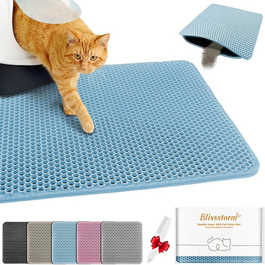 Waterproof Cat Litter Mat, Double Layer EVA, Odor-Free Large Grid, Urine Proof, Easy Cleanup (Blue, 16 x 20)