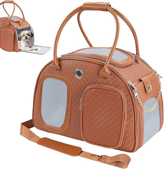 Dog Purse Carrier for Small Dogs, TSA Airline Approved Pet Tote Bag, Fashion Soft-Sided Puppy Carrier Purse with Pockets for Travel, Shopping, Daily Use (Brown, 16.1inch x 8.7inch x 12inch(LxWxH))