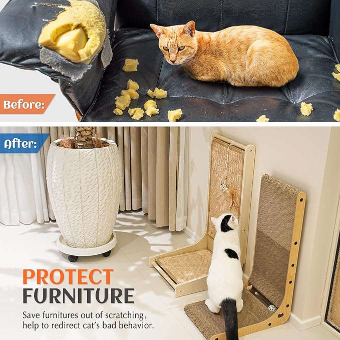 PETKARAY Cat Scratcher, Sisal Cat Scratch Pad, L Shape Scratching Board for Indoor Kitty, Floor Mounted Scratcher with Mouse Toy Catnip