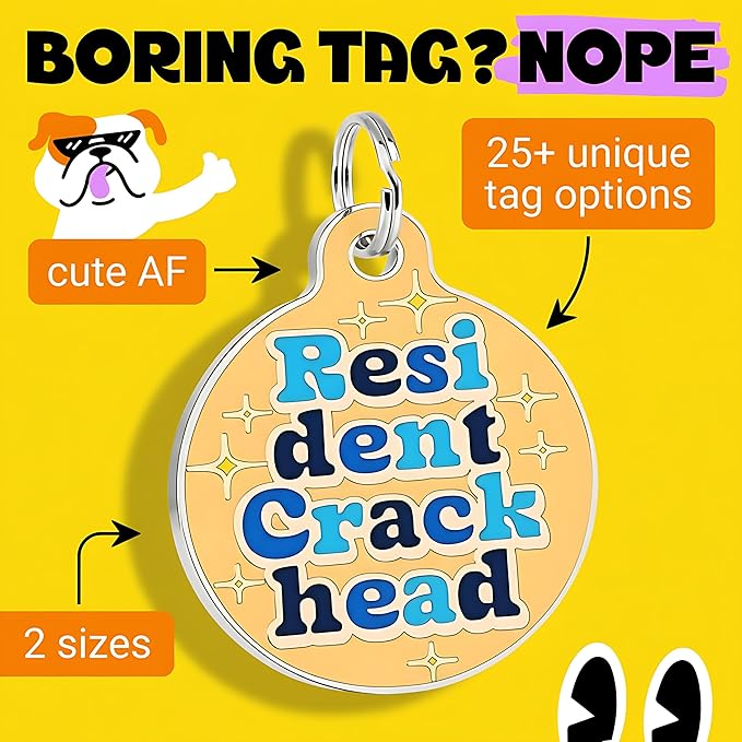 Bad Tags Personalized Dog & Cat ID Tags - Choose from 25+ Tag Designs - Free 5 Lines Custom Engraved - Unique, Cute, Funny, Sassy Pet Tag (Resident Crackhead - Orange, Small (1 inch))