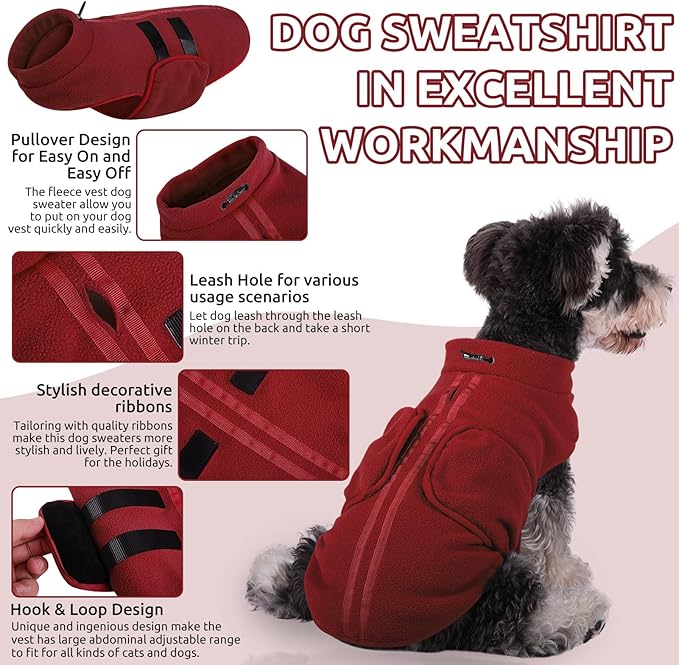 Queenmore Small Dog Sweater, Soft Fleece Vest Pullover Dog Jacket with Leash Hole, Warm Winter Dogs Clothes Cold Weather Doggy Dachshund Sweaters for Small Dogs Cats Boy or Girl (Burgundy, XS)