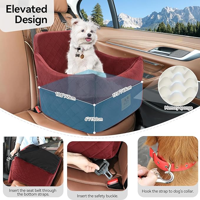 Dog Car Seat for Small/Medium Dogs, Dog Booster Car Seats with Thick Cushion for Dogs Under 35lbs, Detachable Washable Pet Carseat with Storage Pockets, 2 Safety Belts(Red)