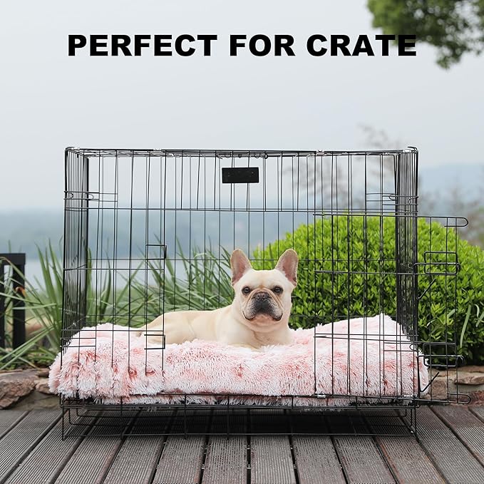 Bedfolks Plush Waterproof Dog Crate Bed with Removable Washable Cover,Faux Fur Kennel Pad for Medium Dogs,29"x21",Pink