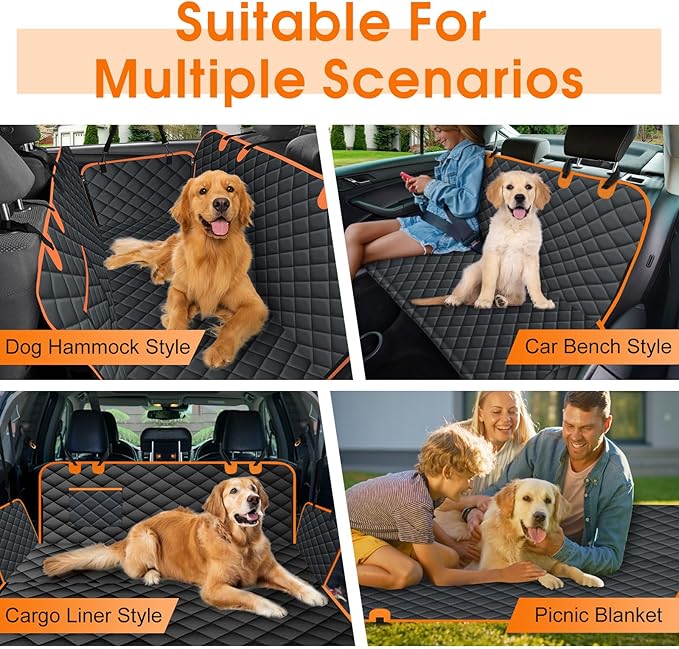 Waterproof Dog Car Seat Cover for Back Seat - Durable, Scratch Proof Pet Hammock with Nonslip Design & Storage Pockets, Fits Cars, SUVs, Trucks- S, Black/Orange