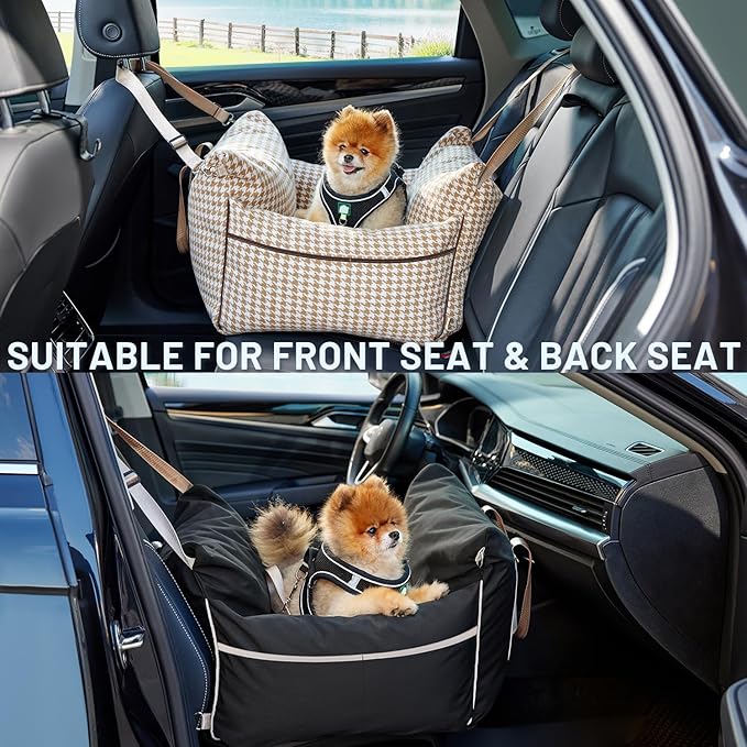 Dog Car Seat for Small Dogs - Waterproof Pet Booster Seat for Car with Clip-On Safety Leash, Soft Travel Carrier for Puppy up to 25 lbs, Memory Foam Filling and 2 Adjustable Buckles, Beige