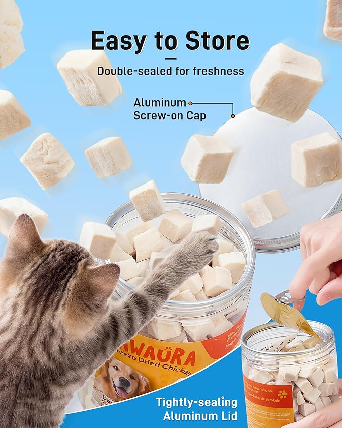 Freeze Dried Chicken Cats & Dogs Treats, High Protein Single Ingredient - No Additives | Grain Free | Training & Nutrition Supplements, Sealed Box, 3.52oz