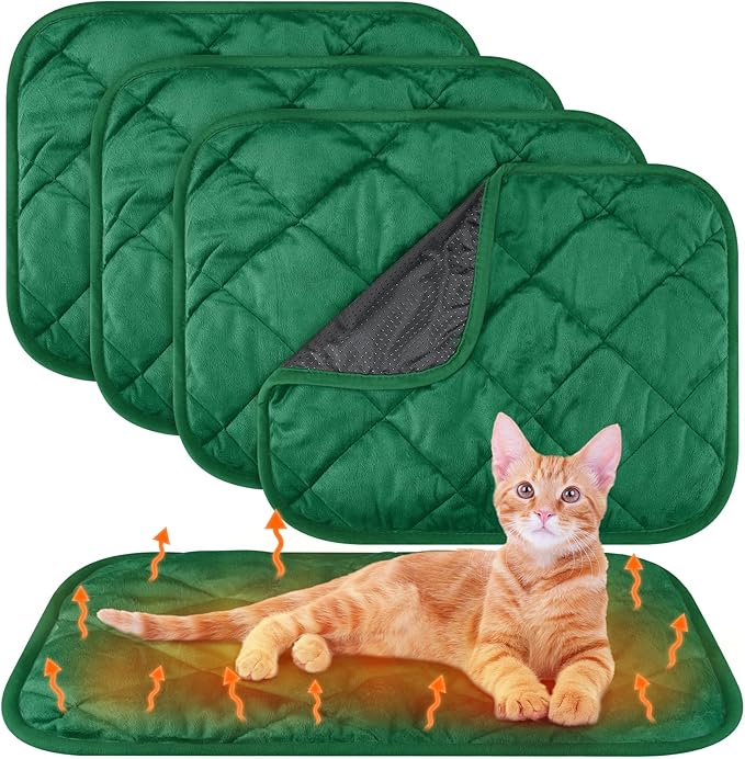 4 Pack Self Heating Cat Pad Self Warming Dog Mat Reflects Body Heat Extra Warm Thermal Pet Pad Washable Dog Cat Bed Crate Bed Mat Blanket(Dark Green,16 x 20 Inch)