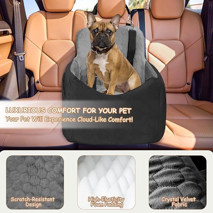 Dog Car Seat for Small/Medium Dogs - Dog Booster Seat with Safety Straps & Non-Slip Base, Travel Pet Car Seat with Storage Pockets, Washable & Removable, Suitable for Dogs Under 35 lbs (Black&Gray)