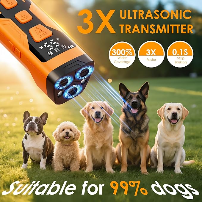 Dog Bark Deterrent Devices, 3X Ultrasonic 65FT Anti Barking Device, 4 Gear Frequencies Safer Alternatives to Dog Training Bark Collars, Portable Design with Display for All Dogs (Orange)