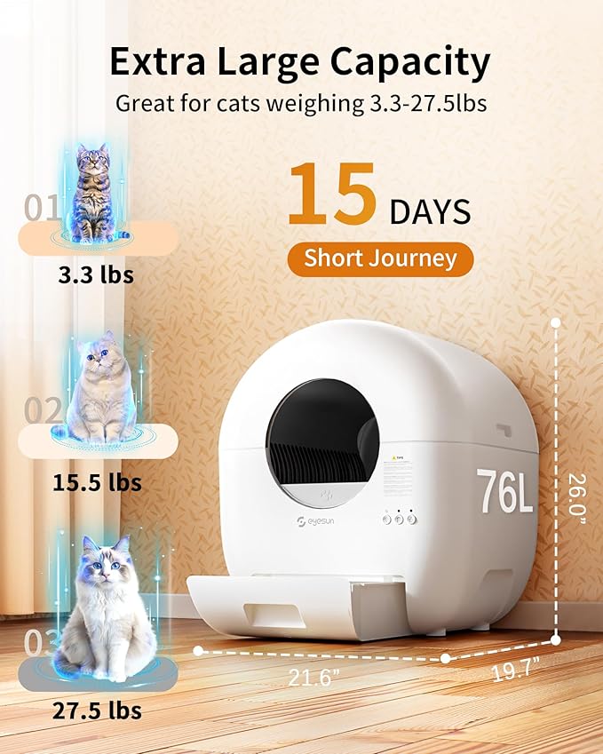 Self Cleaning Litter Box,76L Automatic Cat Litter Box Self Cleaning with APP Control,Low Noise,Safety Protection,Roll Garbage Bags,Deodorizer and Cleaning Brush for Multiple Cats