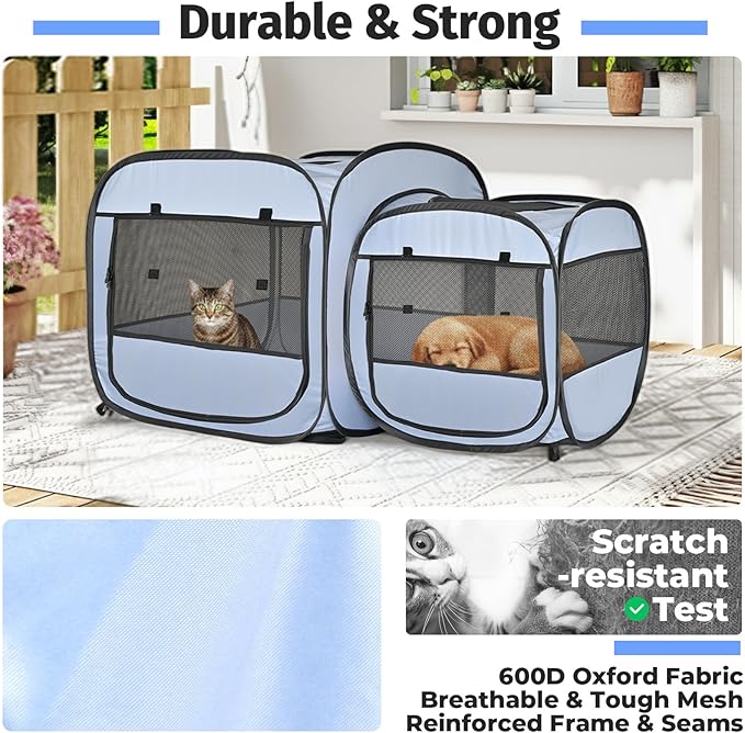 EighteenTek 2-in-1 Portable Cat Playpen, Pop up Large Kitten Playpen, No Assembly Need, Pet Cat Dog Tent Crates Kennel Cage, Cats Enclosure for Dog and Puppy Indoor Outdoor(No Divider, Unified Space)
