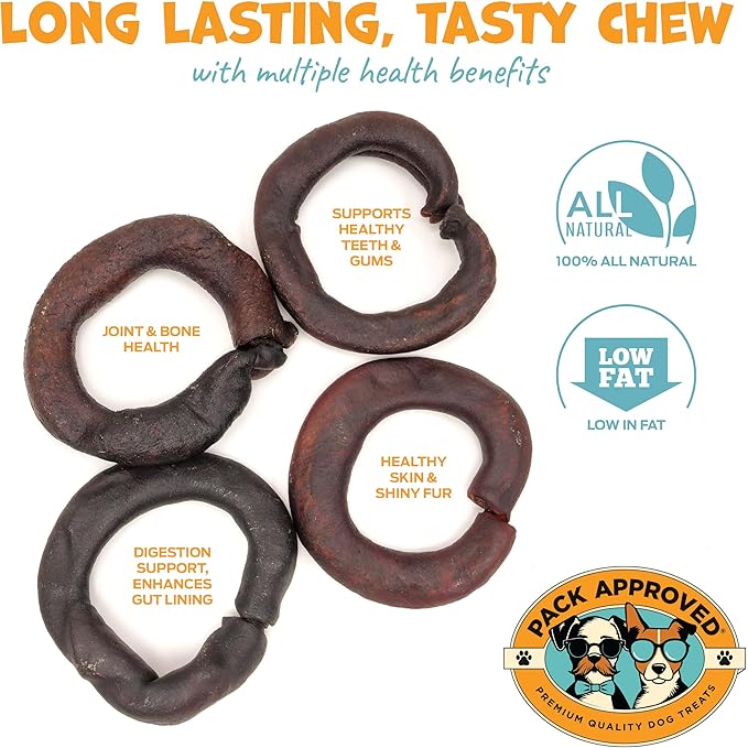 Beef Collagen Chews - Rawhide Free, Long Lasting - 100% Beef Corium, Single Ingredient Dog Treat - Puppy Teething Rings, Natural - 3.5" Rings, Pack of 8