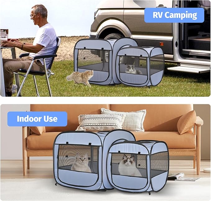 EighteenTek 2-in-1 Portable Cat Playpen, Pop up Large Kitten Playpen, No Assembly Need, Pet Cat Dog Tent Crates Kennel Cage, Cats Enclosure for Dog and Puppy Indoor Outdoor(No Divider, Unified Space)