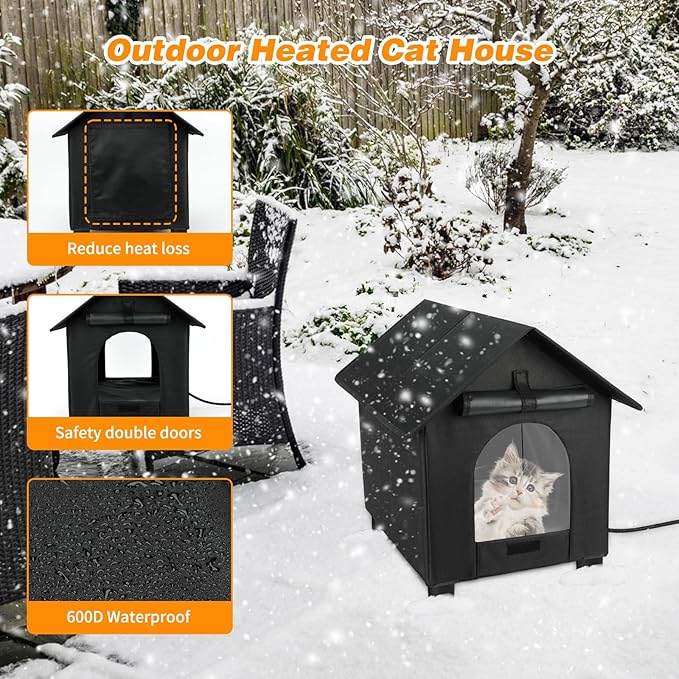 BWOGUE Elevated Heated Cat House for Outdoor Cats in Winter, Waterproof & Insulated Feral Cat Shelter for Outside Cats,Weatherproof Feral Cat House for Outside (Black, XL)