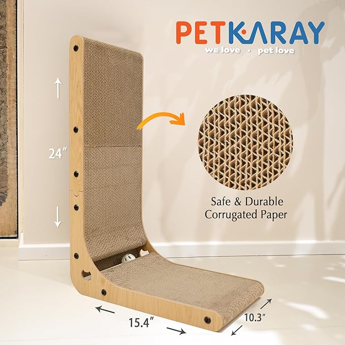 PETKARAY Cat Scratcher, Cat Scratching Board, L Shape Cat Scratch Pad for Indoor Cats, Floor Mounted Scratching Cardboard with Ball Toy