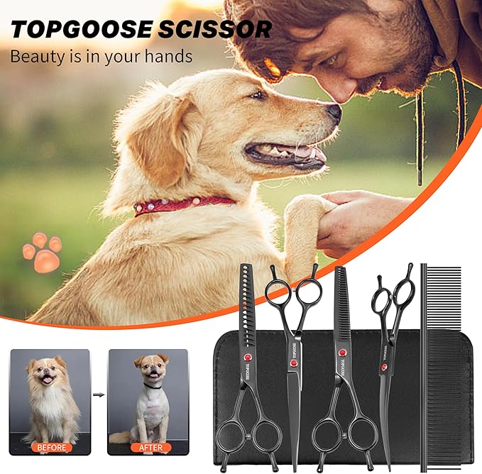 TOPGOOSE Dog Grooming Scissors Kit, Professional 6 in 1 Pet Scissors Sharp Shears Set - Straight, Thinning, Chunker, Curved Shears and Comb for Long Short Hair for Dog Cat (Set, Black)