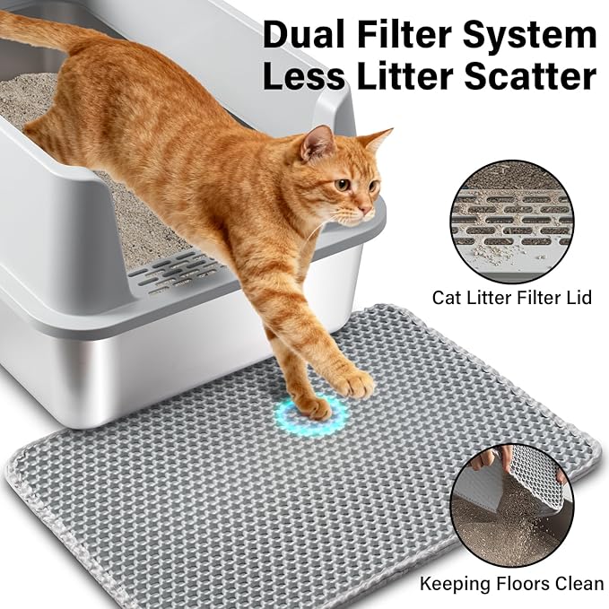 Stainless Steel Litter Box 2 Pack, Metal Cat Litter Box with Lid High Sides,XL Extra Large Litterbox for Big Cats,Non-Stick, Anti-Leakage,Easy to Clean,Include Litter Mat & Scoop,23x14.6x10in