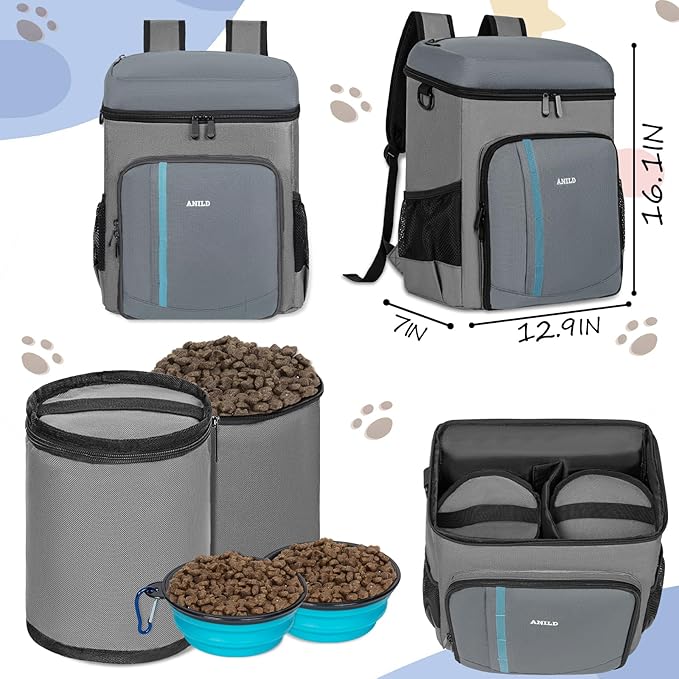 ANILD Dog Travel Backpack - Airline Approved Double-layer Pet Travel Backpack with 2 Food Storage Bag and 2 Foldable Silicone Bowls for Hiking & Camping