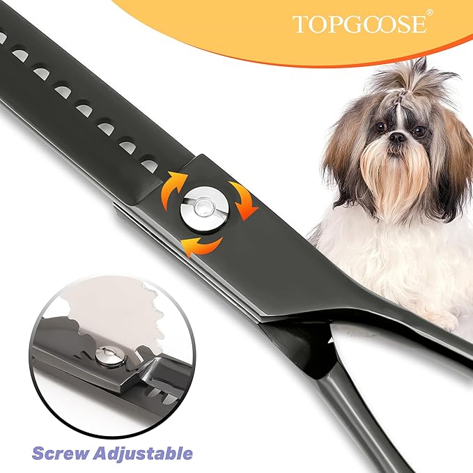 TOPGOOSE Dog Grooming Scissors Kit, Professional 6 in 1 Pet Scissors Sharp Shears Set - Straight, Thinning, Chunker, Curved Shears and Comb for Long Short Hair for Dog Cat (Set, Black)