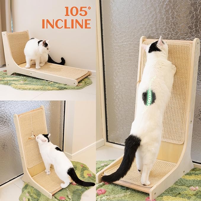 PETKARAY Sisal Cat Scratcher, Upright Cat Scratch Pad Wall Mounted, Vertical Scratching Post Alternative, L Shape Scratching Board 105°