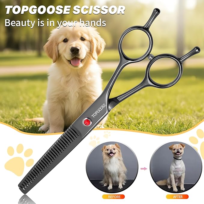 TOPGOOSE 7.5" Dog Grooming Scissor - Professional Thinning Shear with 37 Teeth Japanese Stainless Steel Blender Scissors for Dogs, Cats and Other Pets (Thinning, Black)