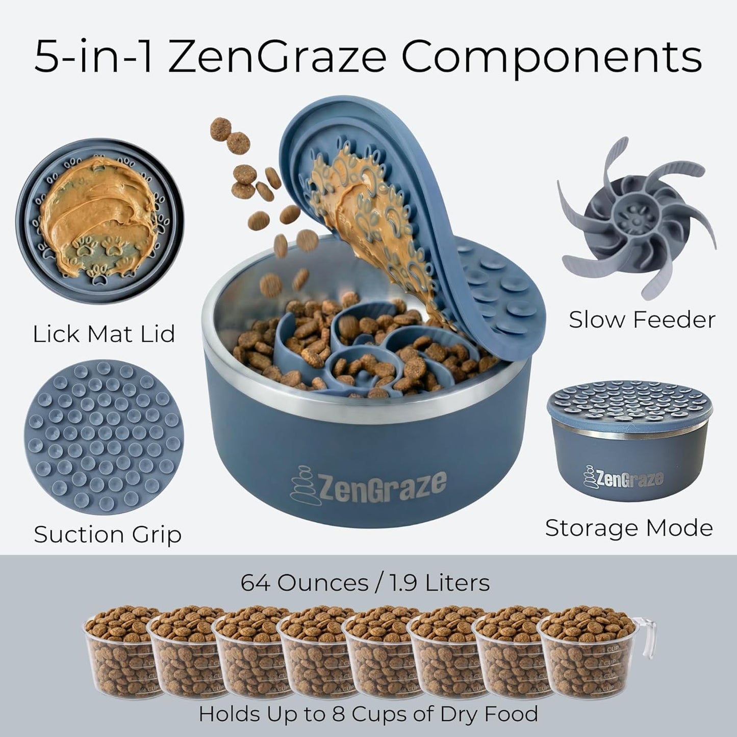 Stainless Steel Slow Feeder Dog Bowl for Large Dogs | 64 oz, Non-Slip Base with Textured Lick Mat Lid & Silicone Slow Feeder Insert – Deep Anti-Gulp Metal Puzzle Bowl for Large Breeds (Steel Gray)