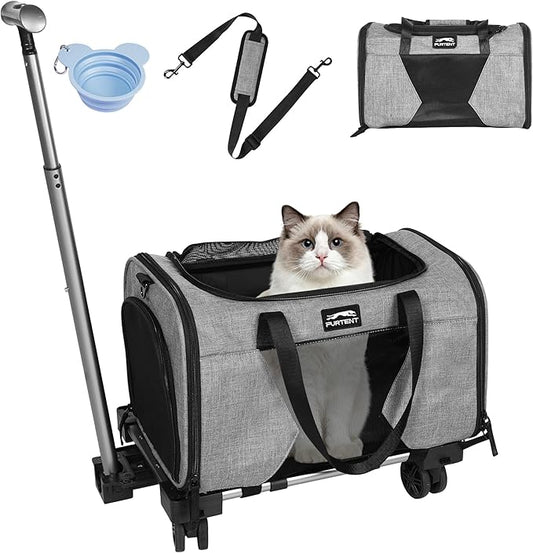 Cat Carrier with Wheels – Airline Approved Pet Travel Backpack, Soft-Sided Collapsible Rolling Carrier for Cats and Small Dogs, Expandable Top Loading Ventilated Design, Grey