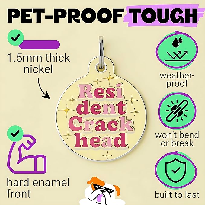 Bad Tags Personalized Dog & Cat ID Tags - Choose from 25+ Tag Designs - Free 5 Lines Custom Engraved - Unique, Cute, Funny, Sassy Pet Tag (Resident Crackhead - Yellow, Large (1.25 inch))