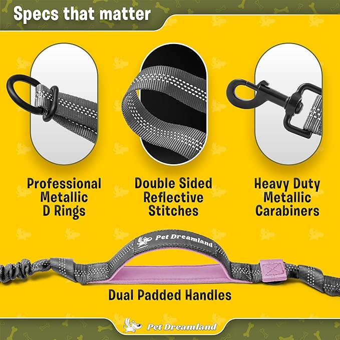 Pet Dreamland Exquisite Hands Free Dual Dog Leash for Large Dogs. Trending Waist Leash for Walking 2 Dogs No Tangle. You Will Absolutely Love This Amazing Double Dog Gear (Dark Grey & Pink)
