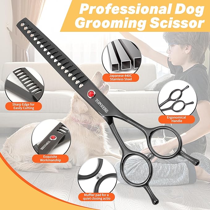 TOPGOOSE 7.5" Dog Grooming Scissor - Professional Thinning Chunker Shear with 18 Teeth Japanese Stainless Steel Hair Scissors for Dogs, Cats and Other Pets (Chunker, Black)