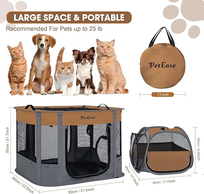 Portable 2-in-1 Dog Crate playpen, Outdoor Cat Playpen with Litter Box Area for Indoor Cats Enclosed Rabbit Puppy Hamster, Indoor/Outdoor Cats Enclosure Cages Tent Tent (Brown)