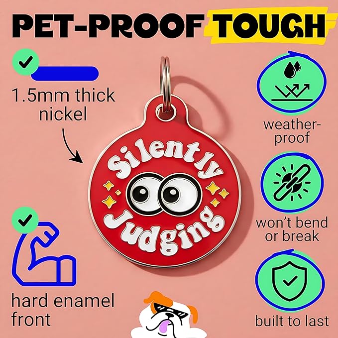 Bad Tags Personalized Dog & Cat ID Tags - Choose from 25+ Tag Designs - Free 5 Lines Custom Engraved - Unique, Cute, Funny, Sassy Pet Tag (Silently Judging - Red, Small (1 inch))