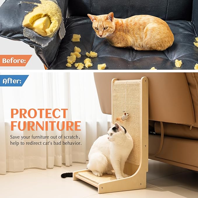 PETKARAY Sisal Cat Scratcher, Upright Cat Scratch Pad Wall Mounted, Vertical Scratching Post Alternative, L Shape Scratching Board 90°