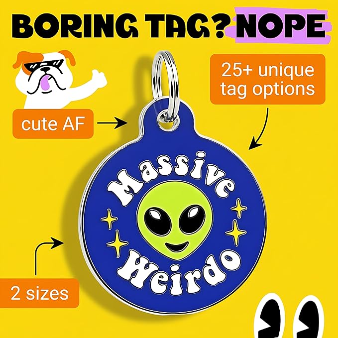 Bad Tags Personalized Dog & Cat ID Tags - Choose from 25+ Tag Designs - Free 5 Lines Custom Engraved - Unique, Cute, Funny, Sassy Pet Tag (Massive Weirdo, Large (1.25 inch))