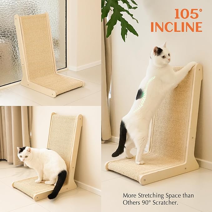 PETKARAY 105° Sisal Cat Scratcher, Sisal Scratch Pad for Indoor Cats, L Shape Kitten Scratching Board, Sturdy Floor Mounted Scratcher with Catnip