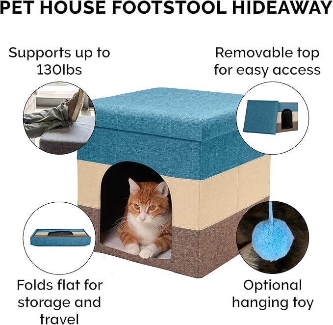 Furhaven Pet House for Indoor Cats & Small Dogs, Collapsible & Foldable w/ Plush Ball Toy - Living Room Footstool Cat Condo - Beach House Stripe (Brown/Blue), Small