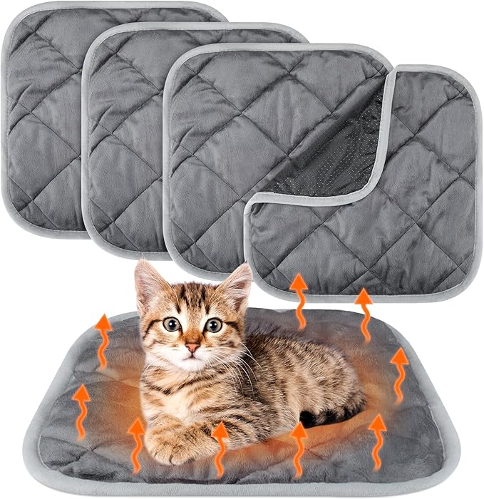 4 Pack Self Heating Cat Pad Self Warming Dog Mat Reflects Body Heat Extra Warm Thermal Pet Pad Washable Dog Cat Bed Crate Bed Mat Blanket(Gray,16 x 16 Inch)