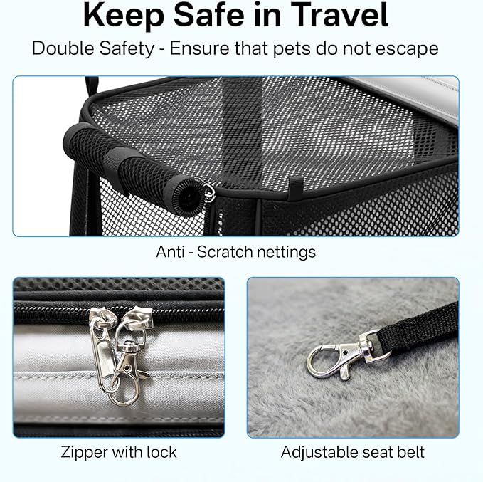 Expandable Cat Carrier, Airline Approved Soft Sided Pet Carrier for Cats & Small Dogs Up to 15 lbs, with Locking Safety Zippers & Cozy Fleece Pad, Portable for Car & Vet Visits, Black