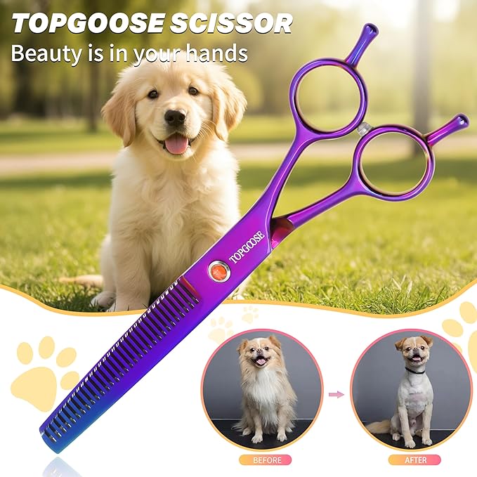 TOPGOOSE 7.5" Dog Grooming Scissor - Professional Thinning Shear with 37 Teeth Japanese Stainless Steel Blender Scissors for Dogs, Cats and Other Pets (Thinning, Purple)