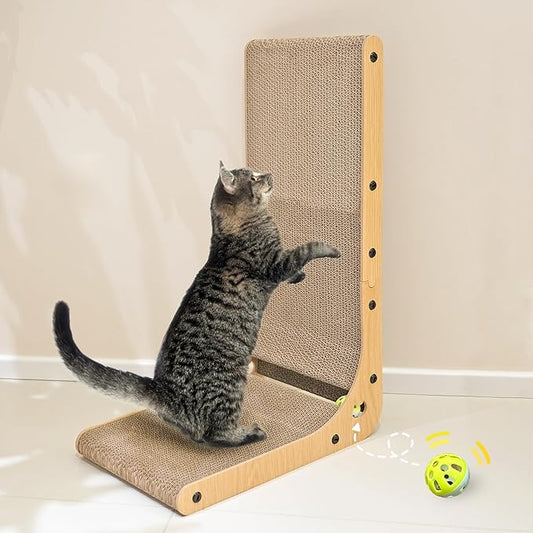 PETKARAY Cat Scratcher, Cat Scratching Board, L Shape Cat Scratch Pad for Indoor Cats, Floor Mounted Scratching Cardboard with Ball Toy