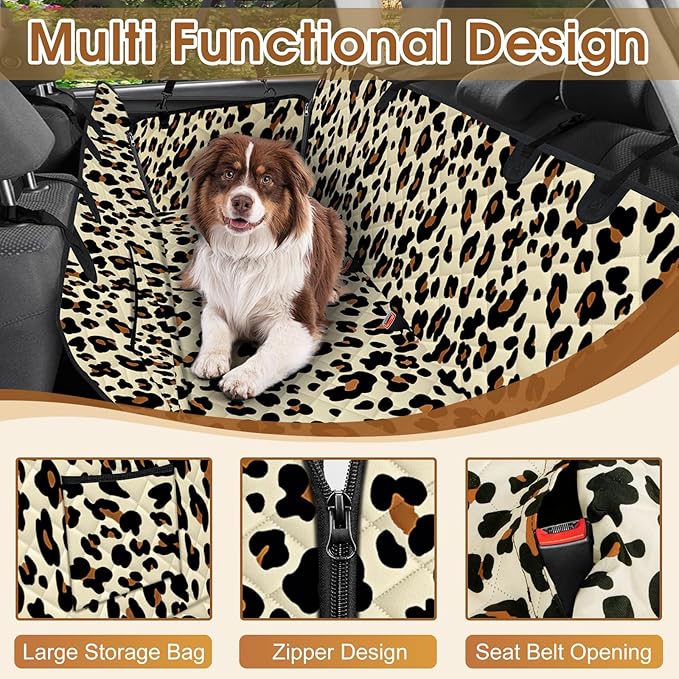 Waterproof Dog Car Seat Cover for Back Seat - Durable, Scratch Proof Pet Hammock with Nonslip Design & Storage Pockets, Fits Cars, SUVs, Trucks- S, Leopard/Black