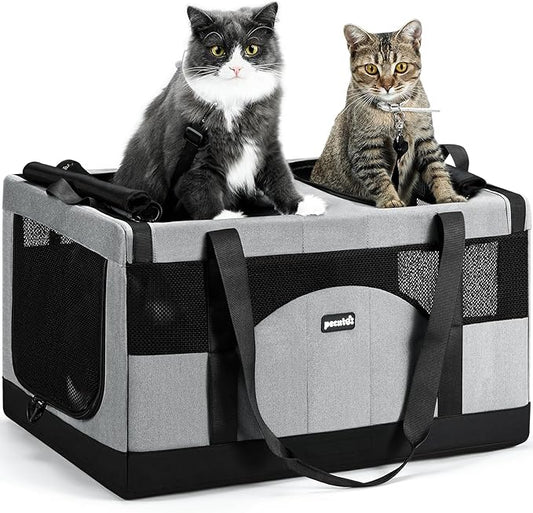 Pecute Cat Carrier for 2 Cats,Dual Cabin Multi Cat Travel Carrier with Removable Divider and Sturdy Frame,Collapsible,Soft,can Hold 20lbs+ for 2 Small Kitten,Medium Dog,Extra Large for Travel,Gray